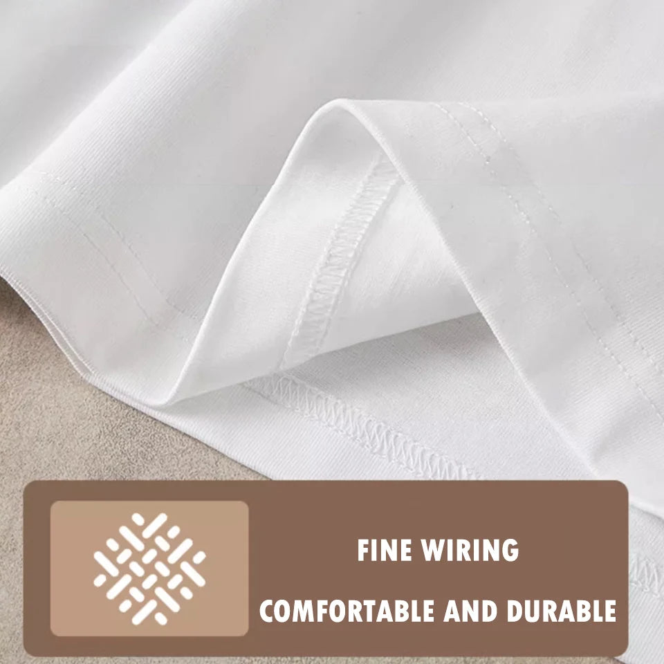 Close-up of white fabric with a label indicating 'Fine Wiring, Comfortable and Durable'.
