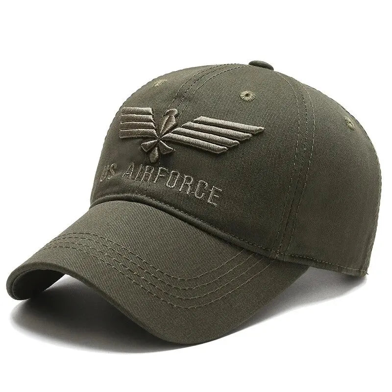 Olive green air force baseball cap with US Air Force logo and text on a white background