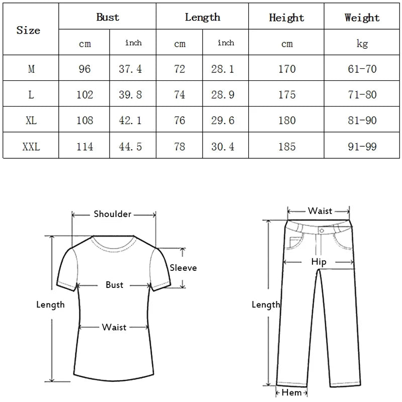 Size chart and measurements for clothing with a t-shirt and pants diagram.