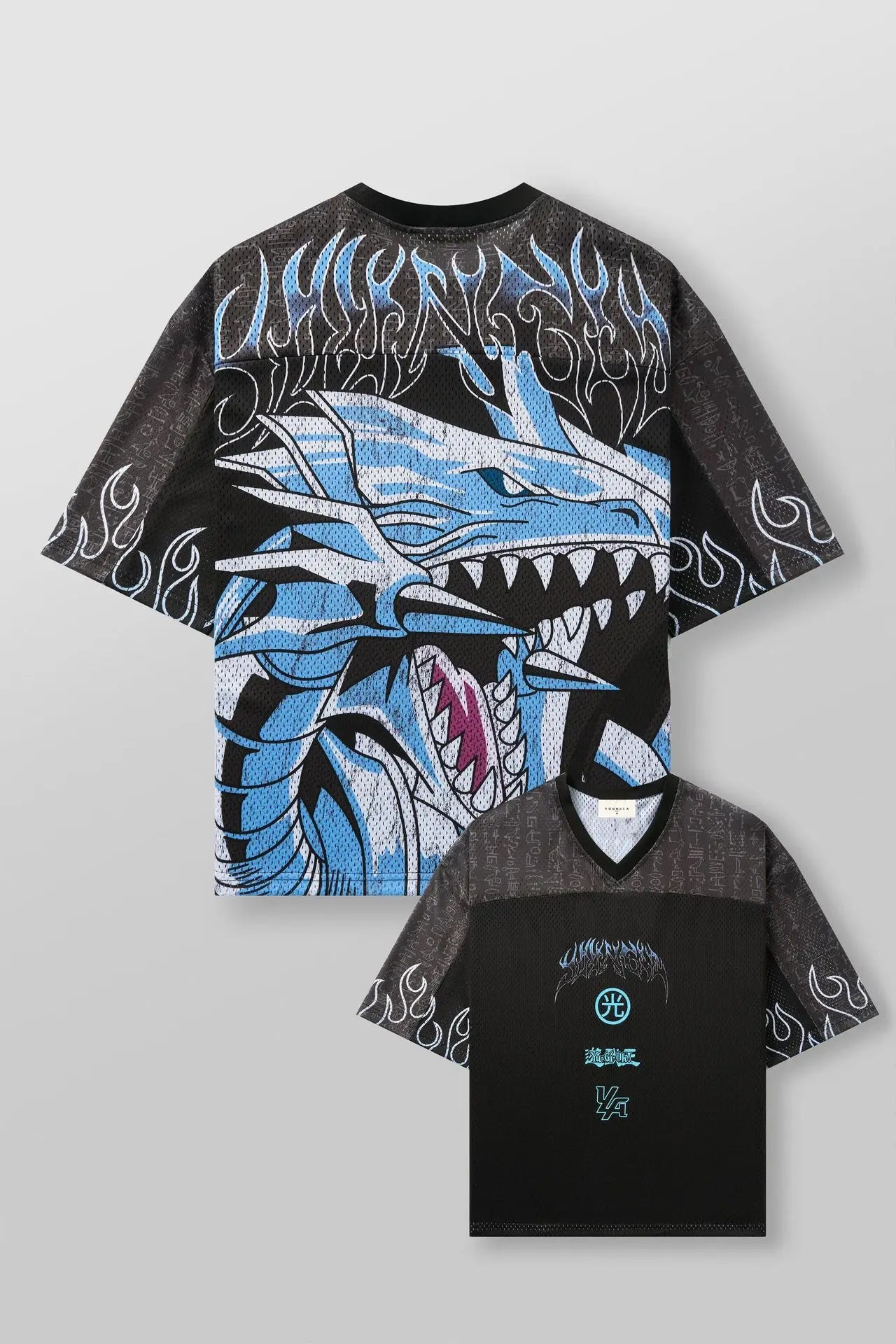 front and back of an oversized anime t shirt for men with a dragon designs on back side.