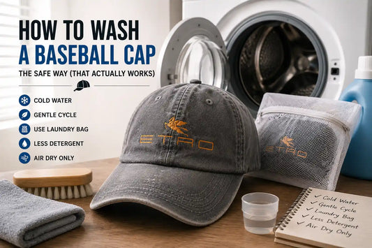 Gray baseball cap beside washing machine with laundry bag, soft brush, and cleaning supplies showing the safest way to wash a baseball cap without ruining its shape.