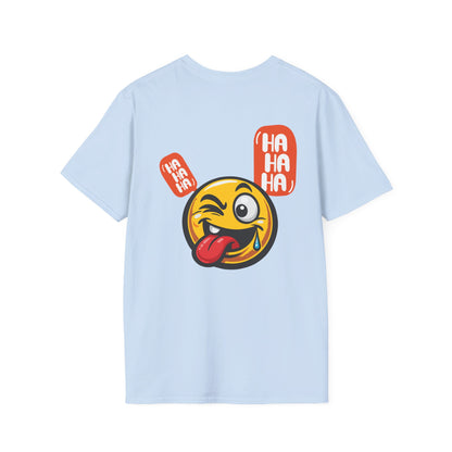 Emoji Tongue-Out T-Shirt — Funny Winking Smiley Tee with "HA HA HA" Speech Bubbles