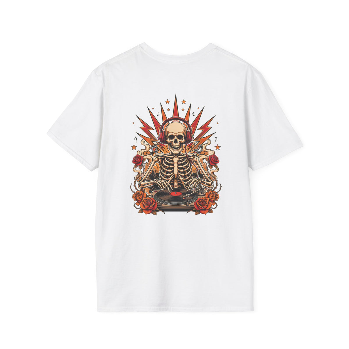 DJ Skeleton T-Shirt — Grunge Skull Tee with Roses