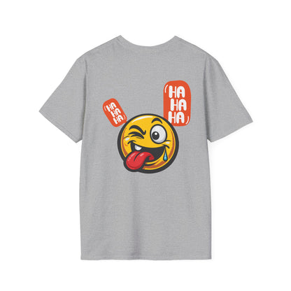 Emoji Tongue-Out T-Shirt — Funny Winking Smiley Tee with "HA HA HA" Speech Bubbles