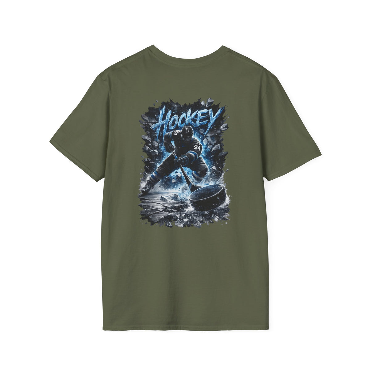 Hockey Player Graphic T‑Shirt — Dynamic Blue Ice Skater Design