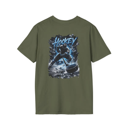 Hockey Player Graphic T‑Shirt — Dynamic Blue Ice Skater Design
