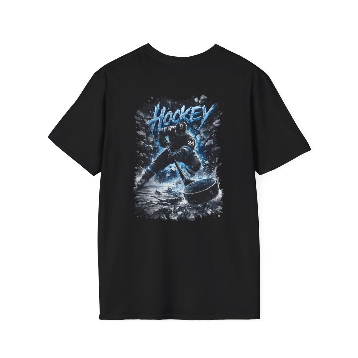 Hockey Player Graphic T‑Shirt — Dynamic Blue Ice Skater Design