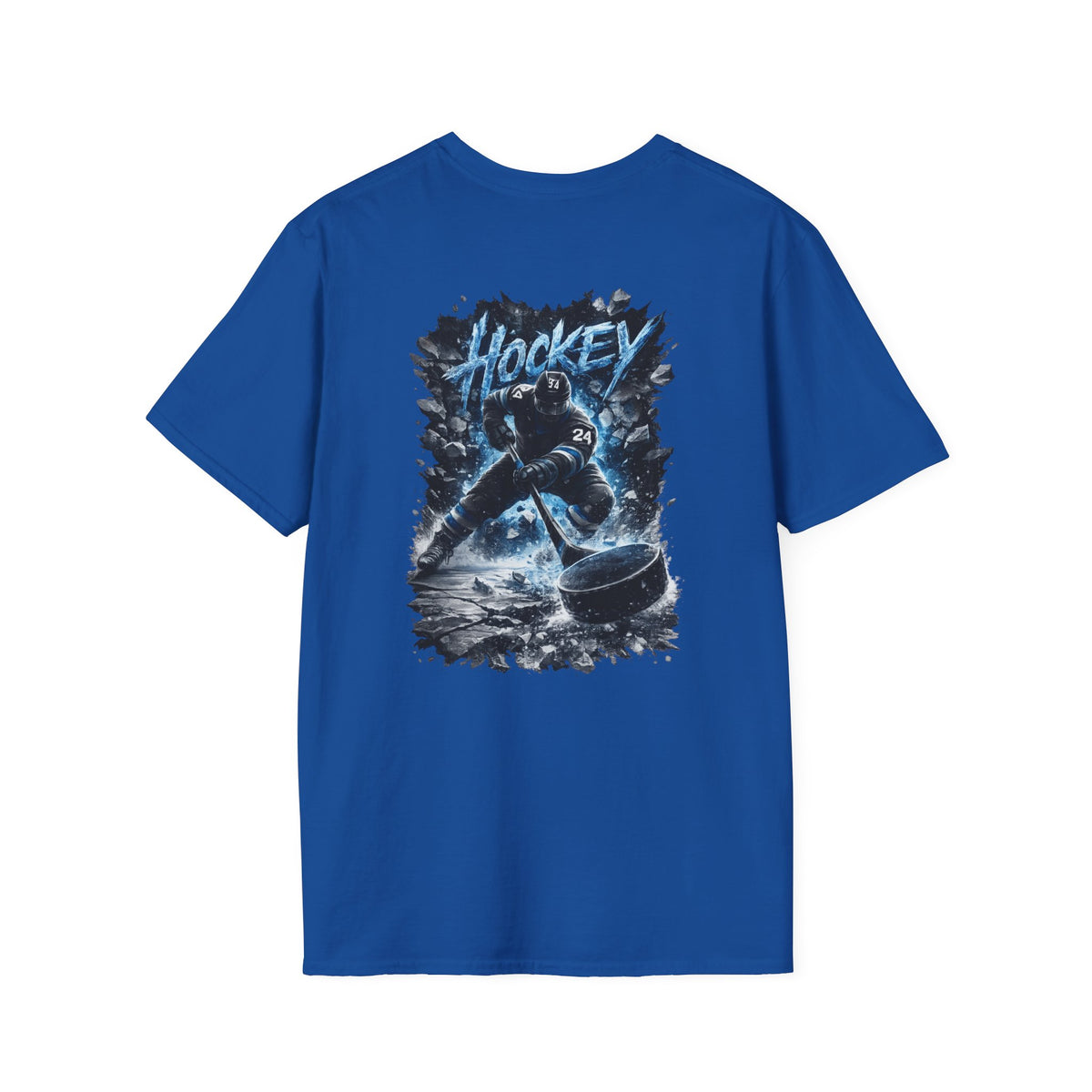 Hockey Player Graphic T‑Shirt — Dynamic Blue Ice Skater Design