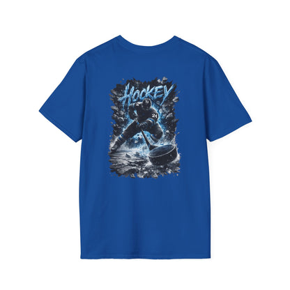 Hockey Player Graphic T‑Shirt — Dynamic Blue Ice Skater Design
