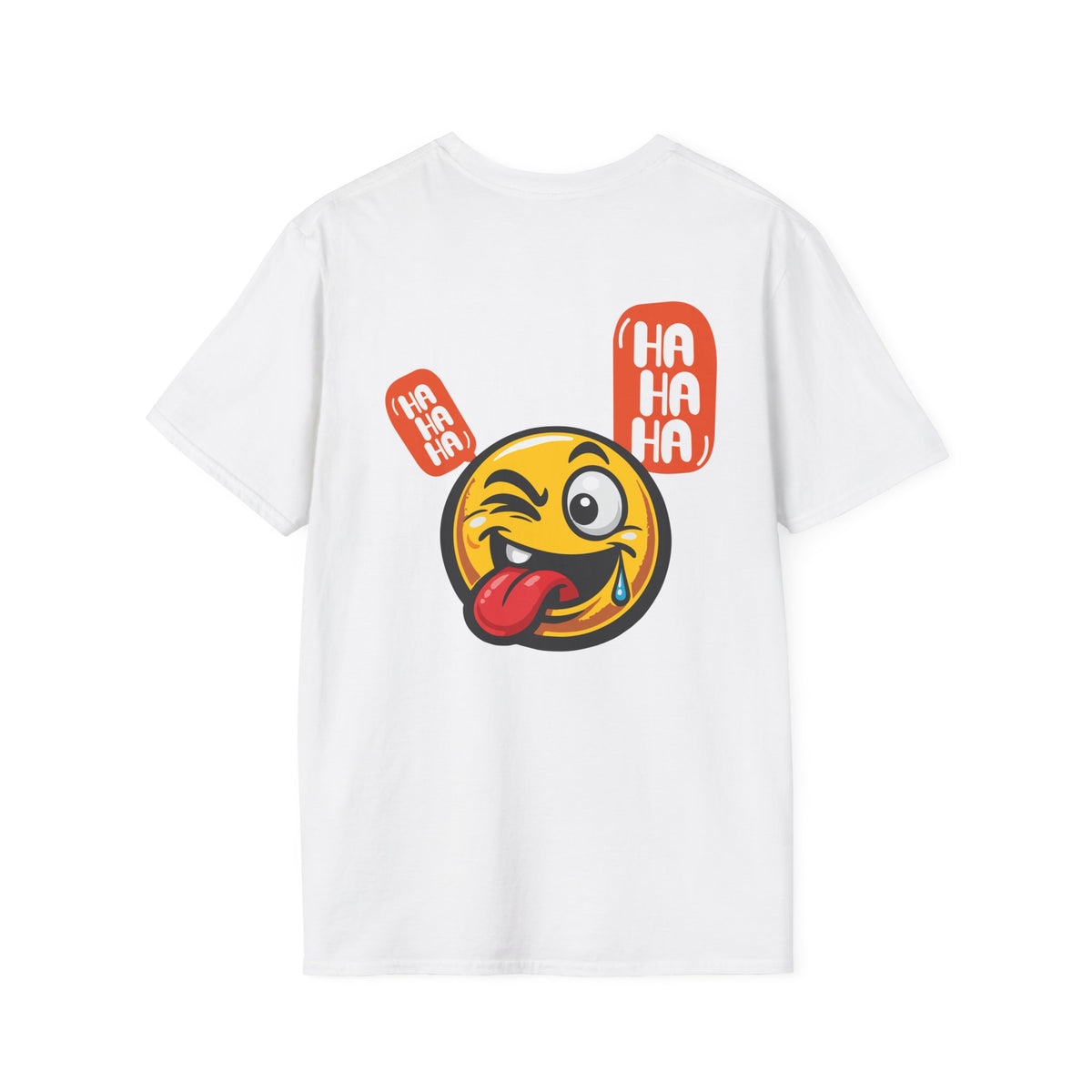 Emoji Tongue-Out T-Shirt — Funny Winking Smiley Tee with "HA HA HA" Speech Bubbles