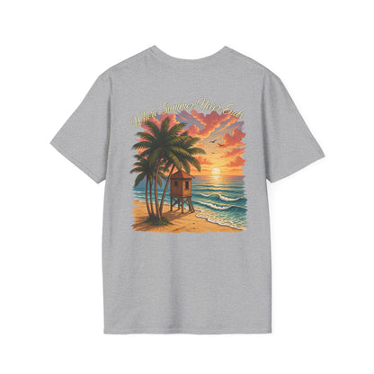 T-Shirt — Sunset Beach Scene Graphic Tee (Vintage Lifeguard Hut, "Wherever Summer Never Ends")
