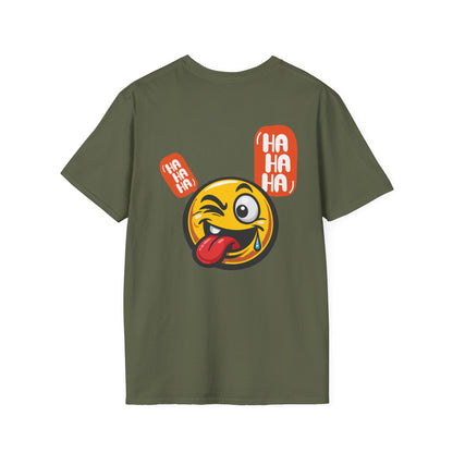 Emoji Tongue-Out T-Shirt — Funny Winking Smiley Tee with "HA HA HA" Speech Bubbles