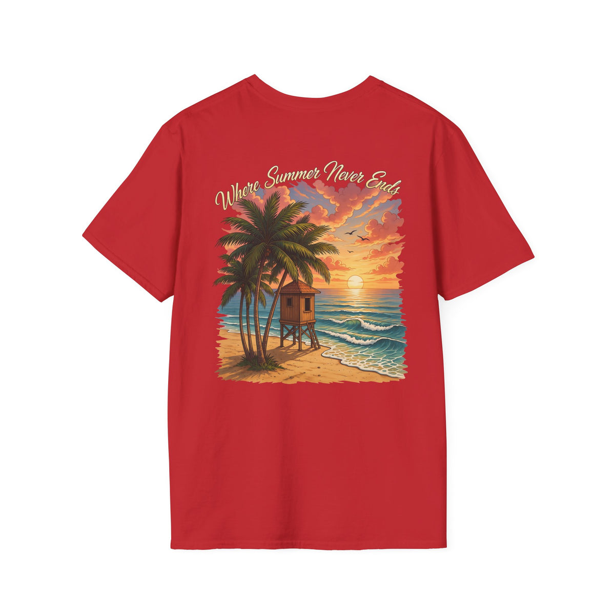 T-Shirt — Sunset Beach Scene Graphic Tee (Vintage Lifeguard Hut, "Wherever Summer Never Ends")