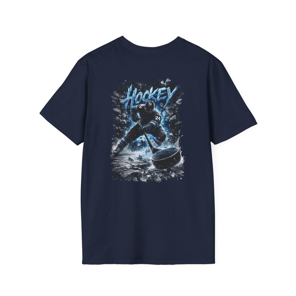 Hockey Player Graphic T‑Shirt — Dynamic Blue Ice Skater Design