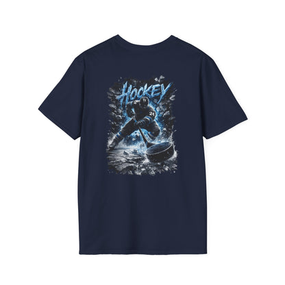 Hockey Player Graphic T‑Shirt — Dynamic Blue Ice Skater Design