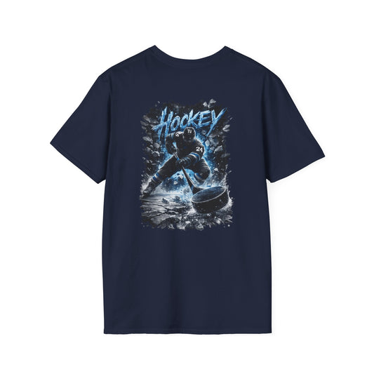 Hockey Player Graphic T‑Shirt — Dynamic Blue Ice Skater Design