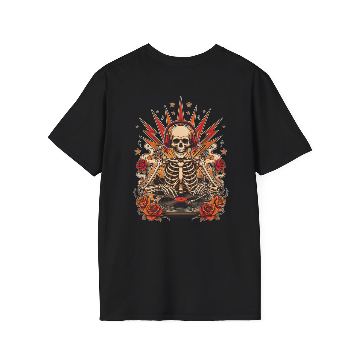 DJ Skeleton T-Shirt — Grunge Skull Tee with Roses