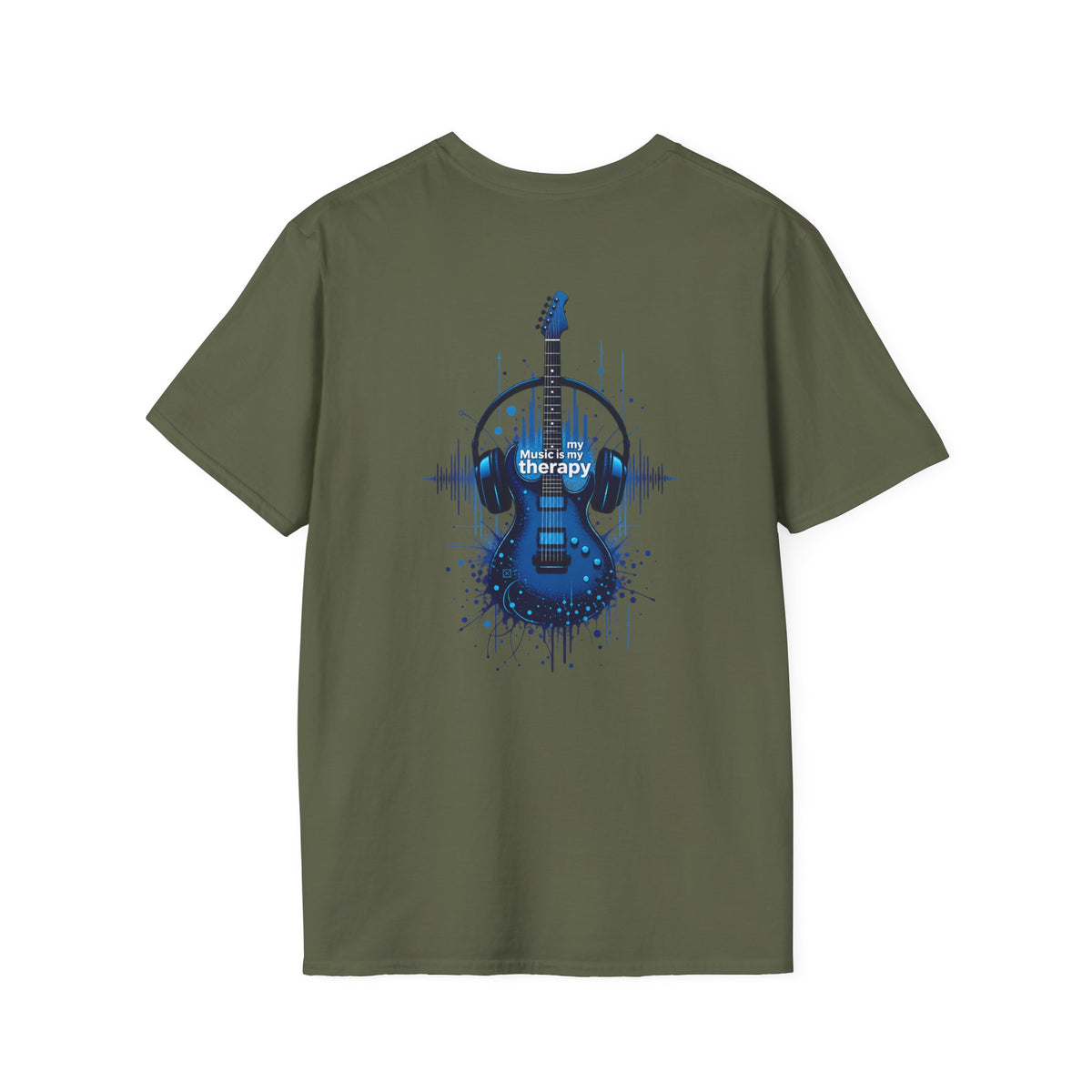 Guitar Therapy T-Shirt — Blue Electric Guitar & Headphones Music Tee