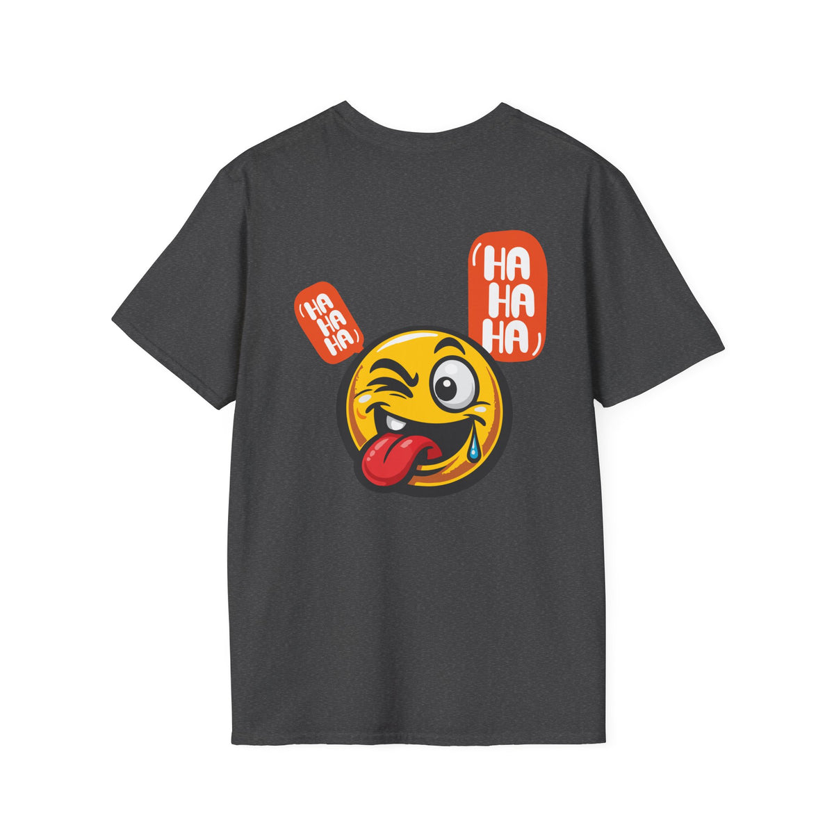 Emoji Tongue-Out T-Shirt — Funny Winking Smiley Tee with "HA HA HA" Speech Bubbles