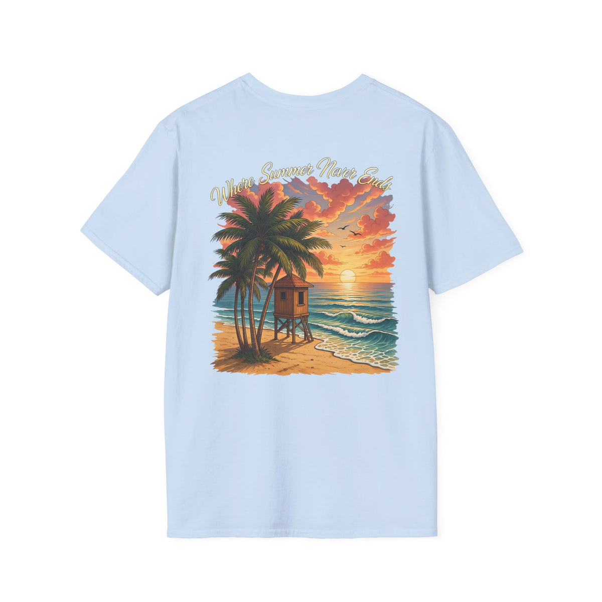 T-Shirt — Sunset Beach Scene Graphic Tee (Vintage Lifeguard Hut, "Wherever Summer Never Ends")