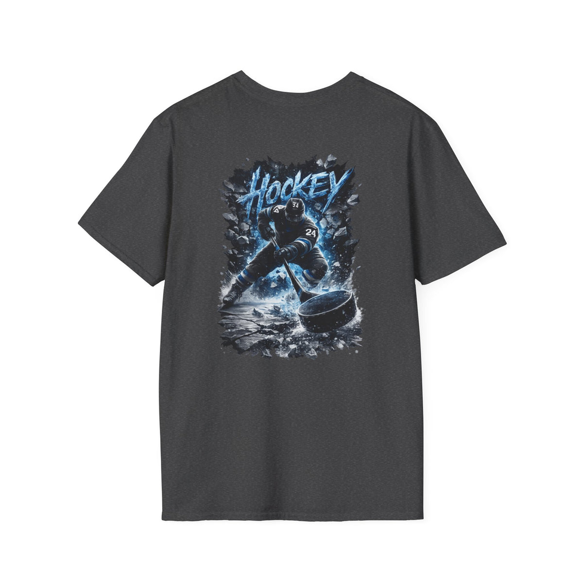 Hockey Player Graphic T‑Shirt — Dynamic Blue Ice Skater Design