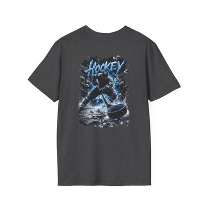Hockey Player Graphic T‑Shirt — Dynamic Blue Ice Skater Design