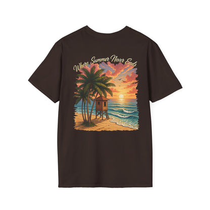 T-Shirt — Sunset Beach Scene Graphic Tee (Vintage Lifeguard Hut, "Wherever Summer Never Ends")