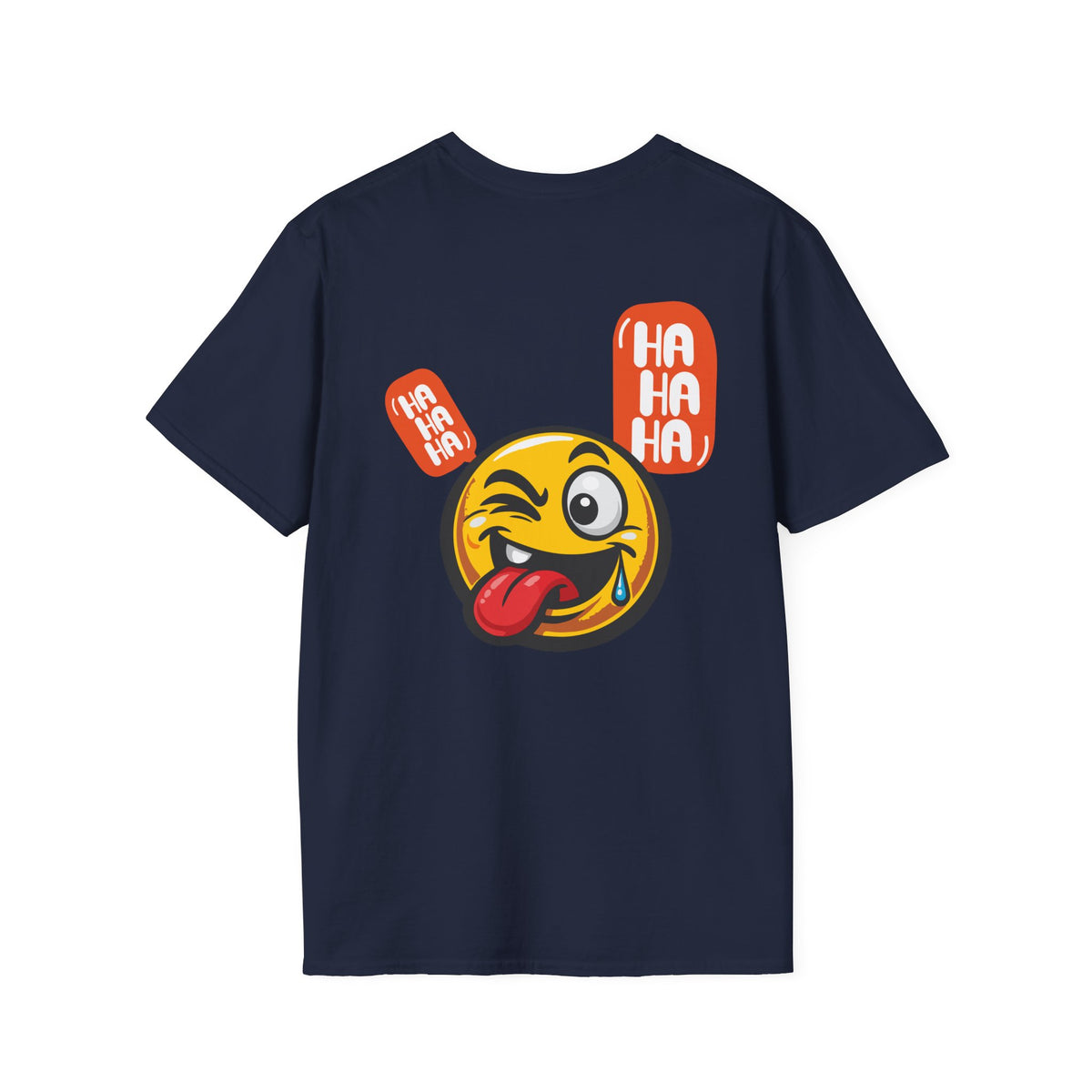 Emoji Tongue-Out T-Shirt — Funny Winking Smiley Tee with "HA HA HA" Speech Bubbles