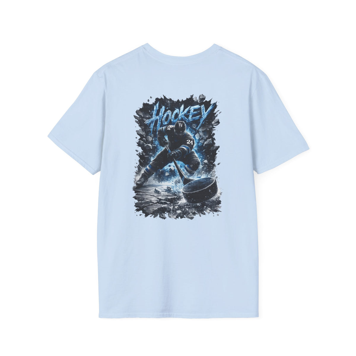 Hockey Player Graphic T‑Shirt — Dynamic Blue Ice Skater Design