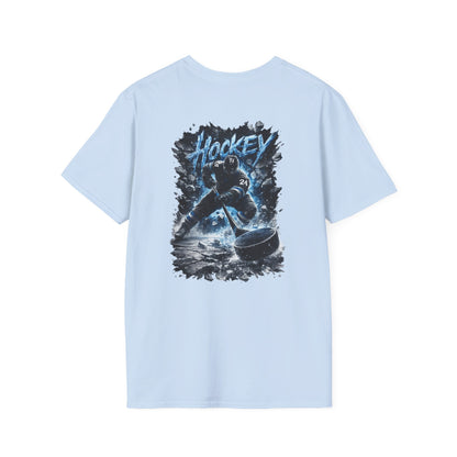 Hockey Player Graphic T‑Shirt — Dynamic Blue Ice Skater Design