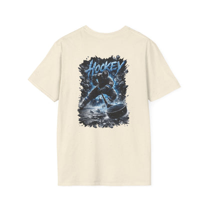 Hockey Player Graphic T‑Shirt — Dynamic Blue Ice Skater Design