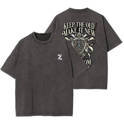 Gray t-shirt with text on front and back on a white background