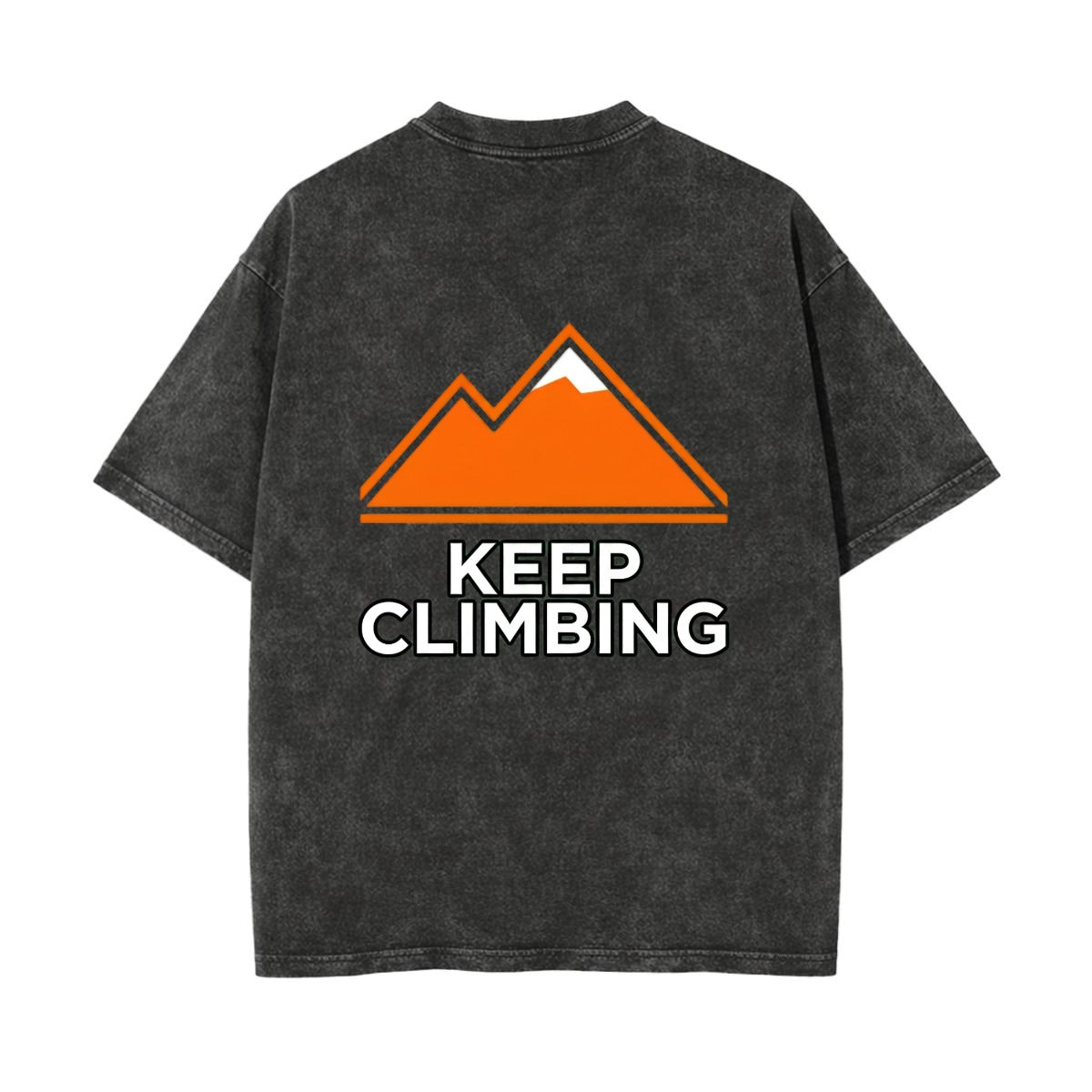 A dark gray acid-wash t-shirt shown from the back, featuring an orange mountain graphic with a white peak and the words 'KEEP CLIMBING' in white block letters.