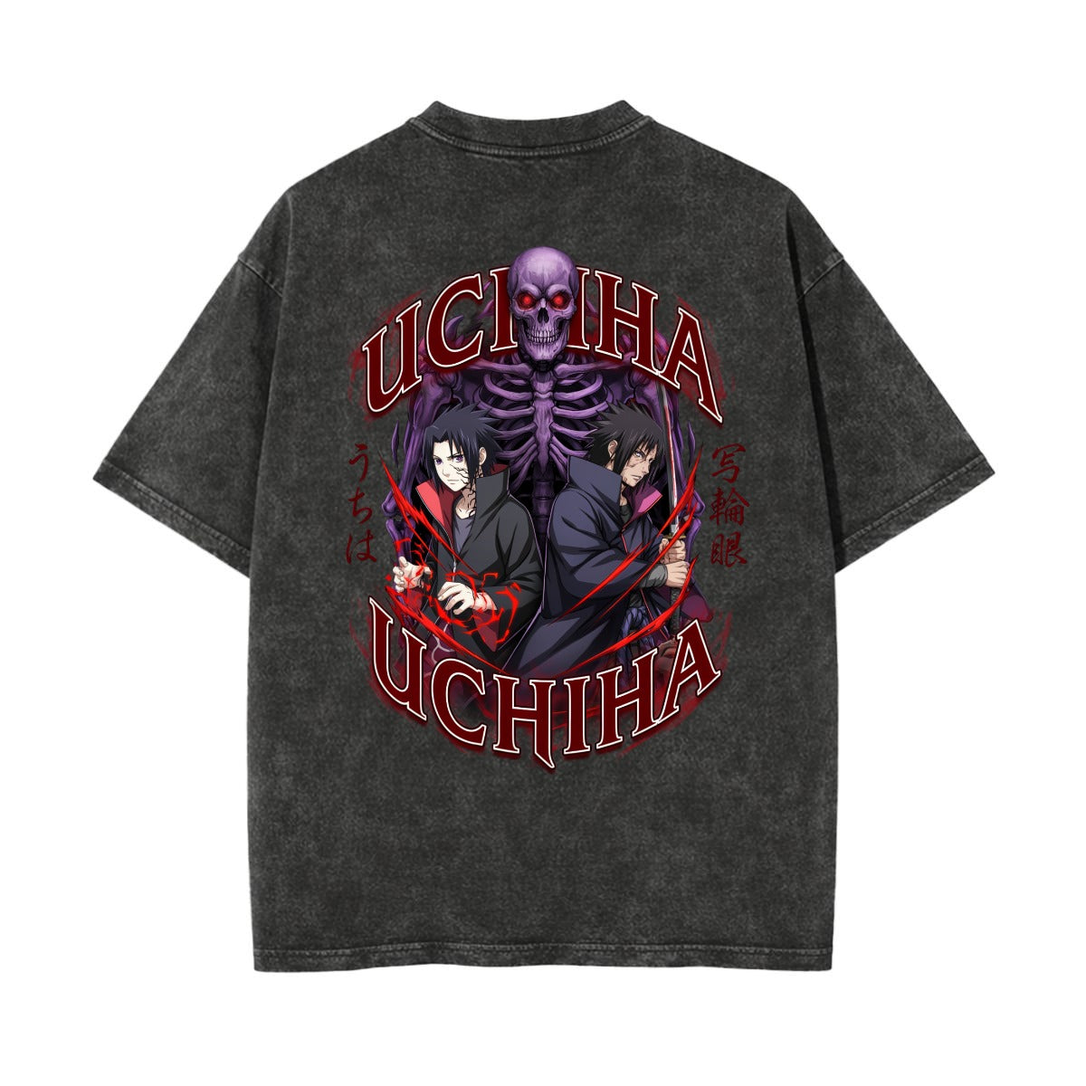 A dark gray acid-wash t-shirt featuring a large graphic print on the back. The graphic displays the anime character Uchiha from Demon Slayer, including a purple skeletal figure, characters in black and red outfits, and the word 'UCHIHA' in red stylized lettering.