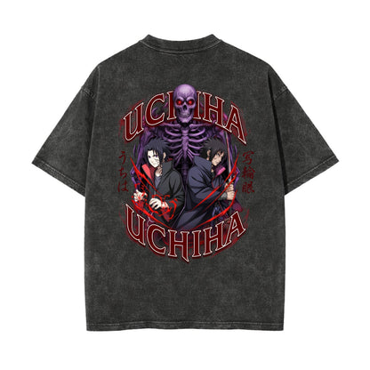 A dark gray acid-wash t-shirt featuring a large graphic print on the back. The graphic displays the anime character Uchiha from Demon Slayer, including a purple skeletal figure, characters in black and red outfits, and the word 'UCHIHA' in red stylized lettering.