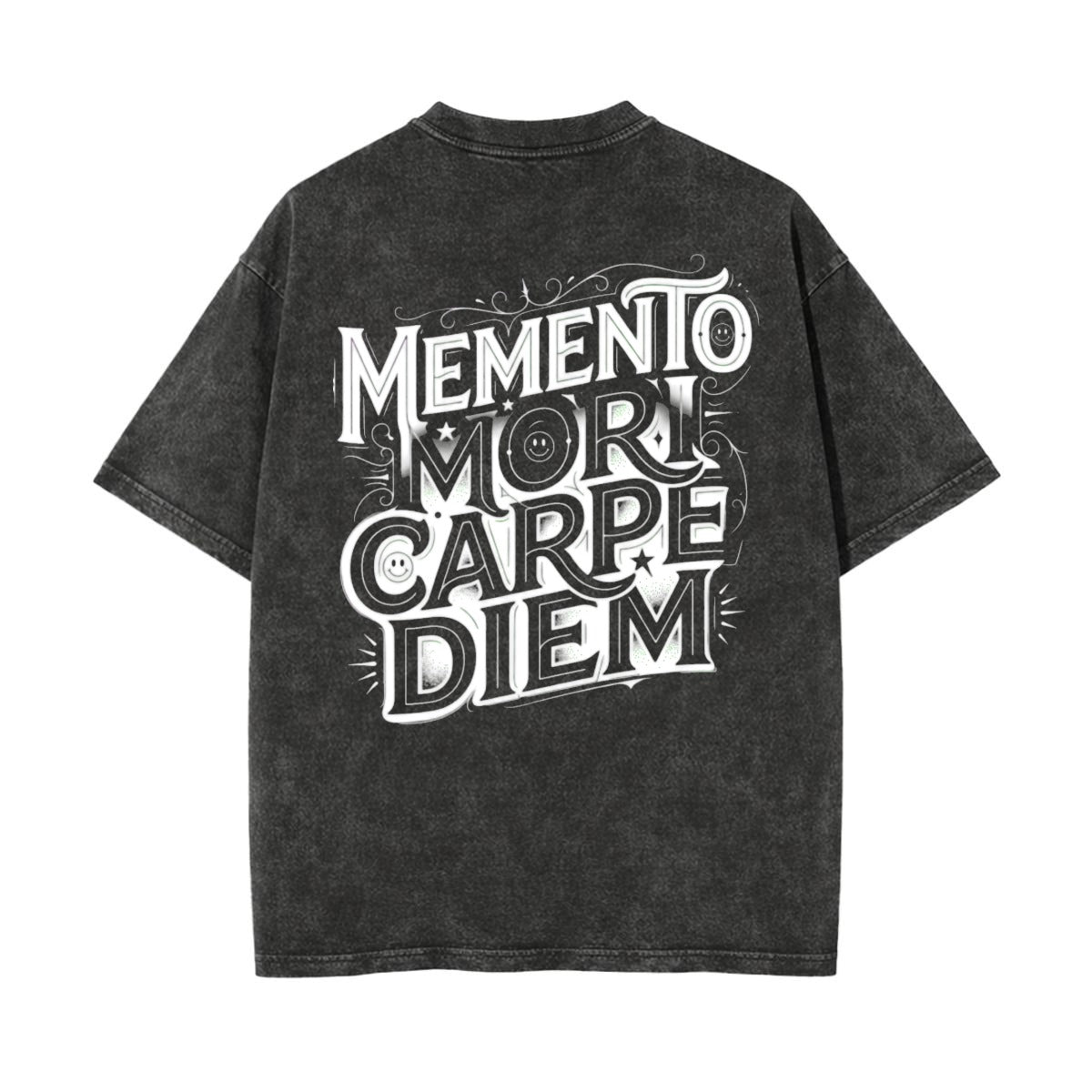 A dark gray acid-wash t-shirt with a large white graphic text print reading 'MEMENTO MORI CARPE DIEM' on the back, shown against a plain white background.