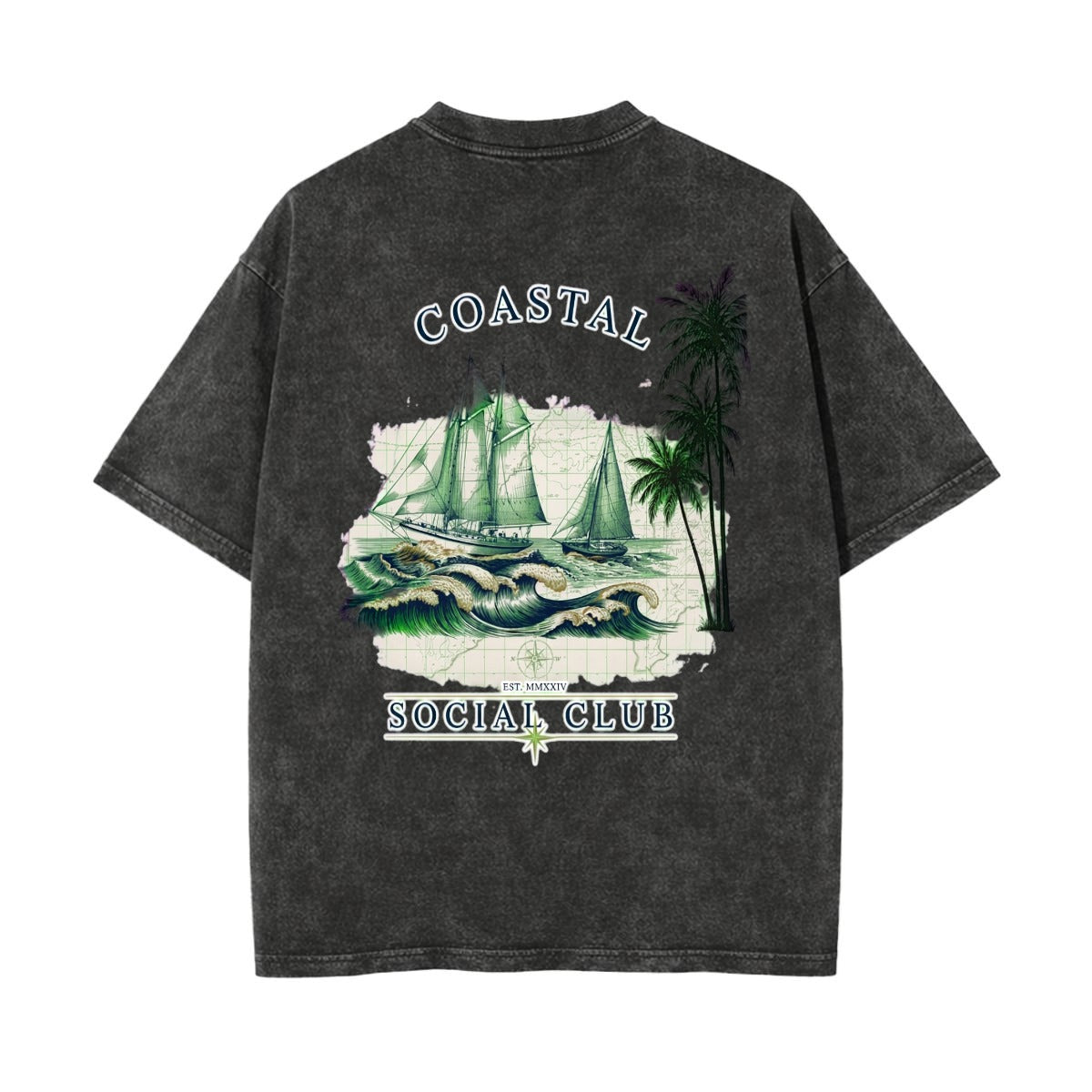 A dark gray acid-wash t-shirt shown from the back, featuring a graphic print of sailboats on waves, palm trees, and the text 'COASTAL SOCIAL CLUB'.