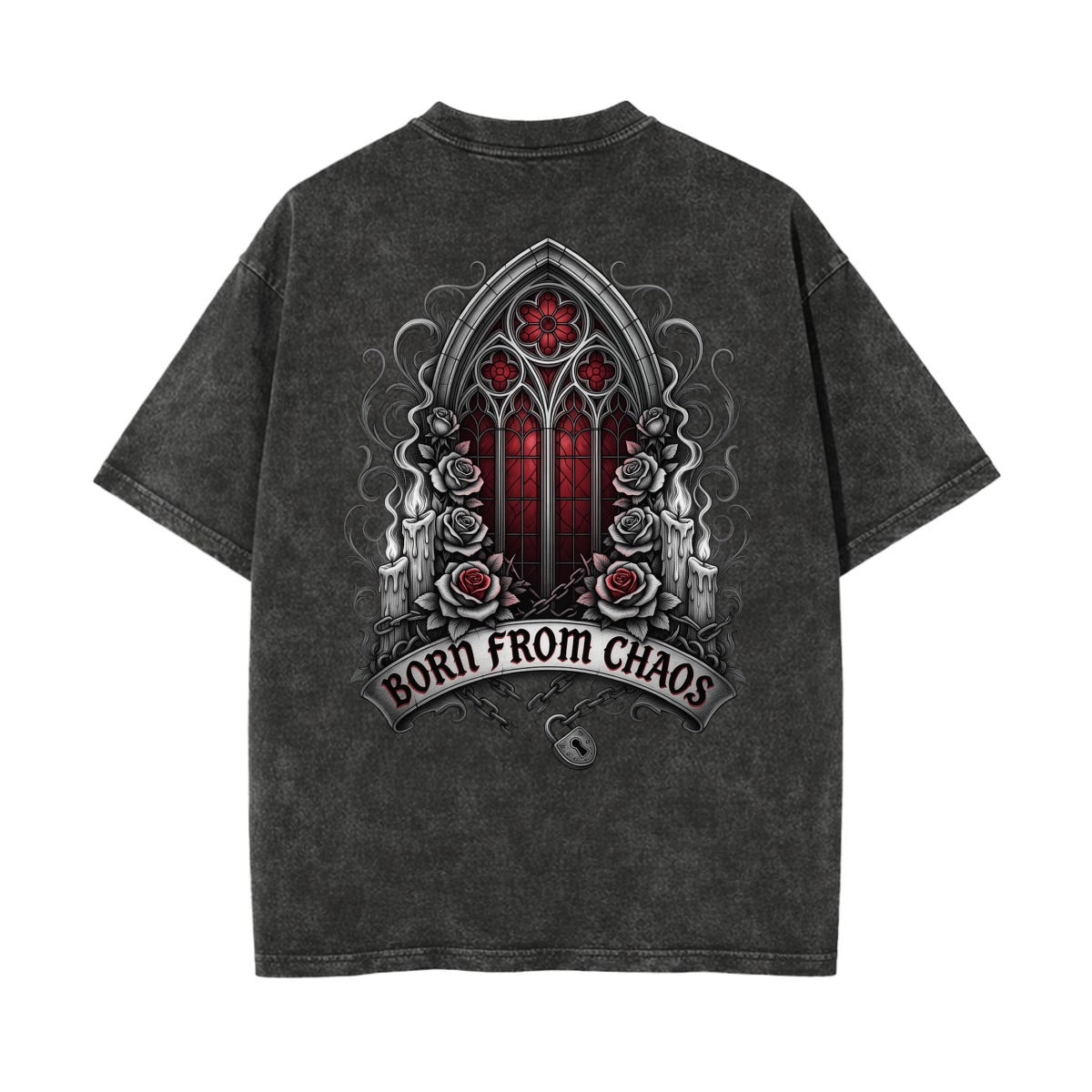 A dark gray mineral-wash t-shirt shown from the back, featuring a large graphic print of a gothic cathedral window with red rose details and the text 'BORN FROM CHAOS'.