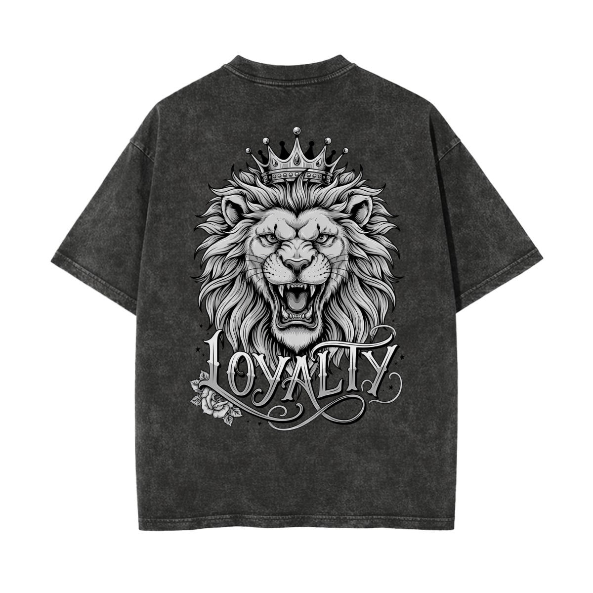 A dark gray mineral-wash t-shirt shown from the back, featuring a large graphic print of a lion wearing a crown with the word 'LOYALTY' written below in an ornate script.
