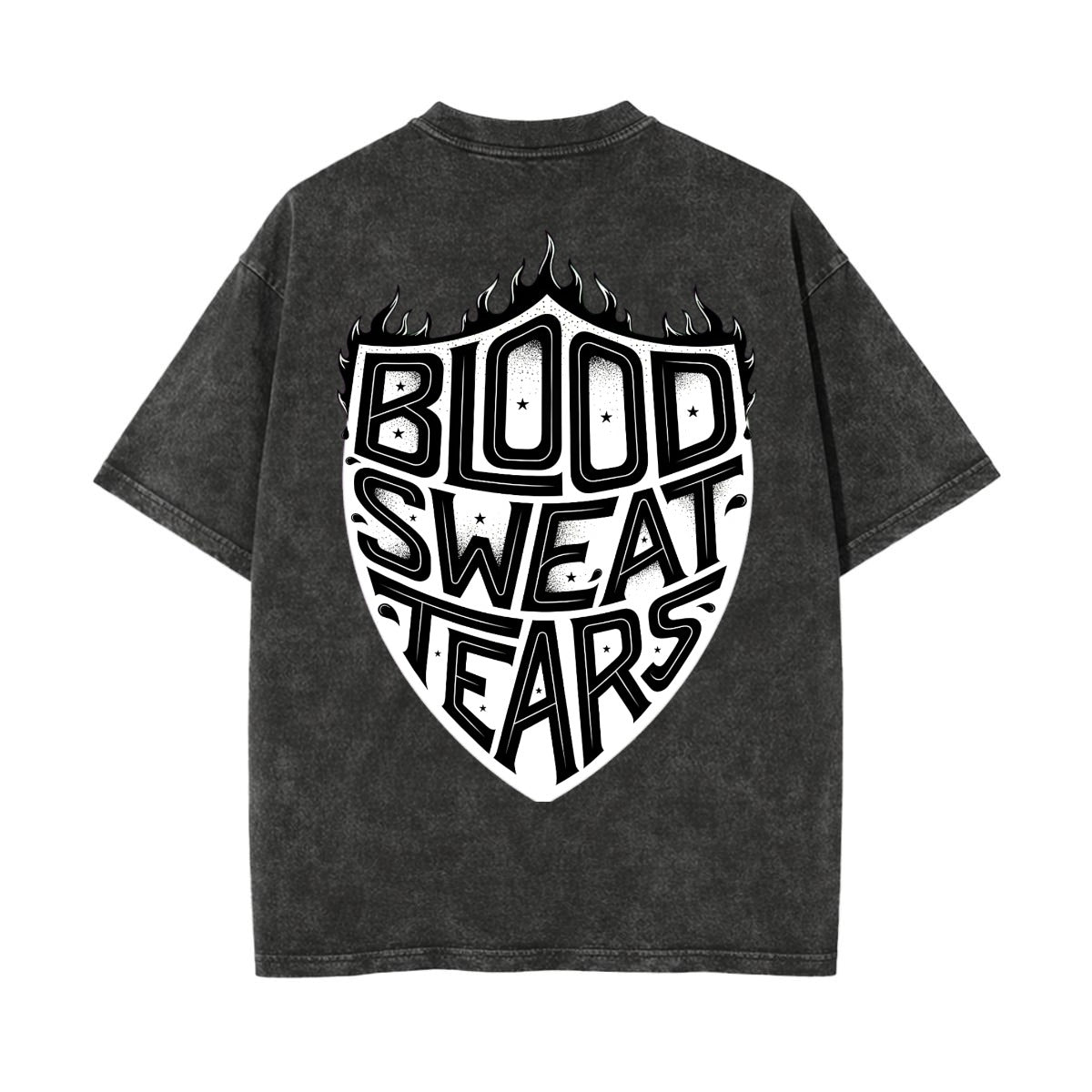 A dark gray mineral-wash t-shirt shown from the back, featuring a large white graphic of a shield with the words 'BLOOD SWEAT TEARS' in stylized lettering.