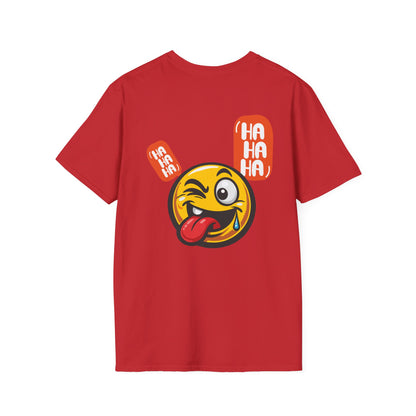 Emoji Tongue-Out T-Shirt — Funny Winking Smiley Tee with "HA HA HA" Speech Bubbles