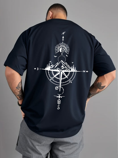 Person wearing a black t-shirt with a white compass design on the back, standing against a gray background.