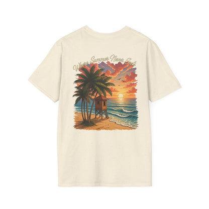 T-Shirt — Sunset Beach Scene Graphic Tee (Vintage Lifeguard Hut, "Wherever Summer Never Ends")