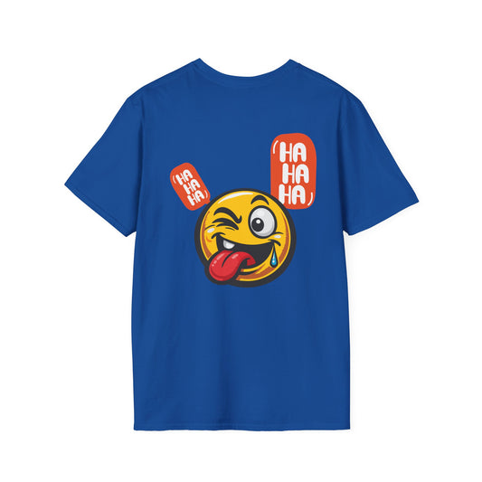 Emoji Tongue-Out T-Shirt — Funny Winking Smiley Tee with "HA HA HA" Speech Bubbles