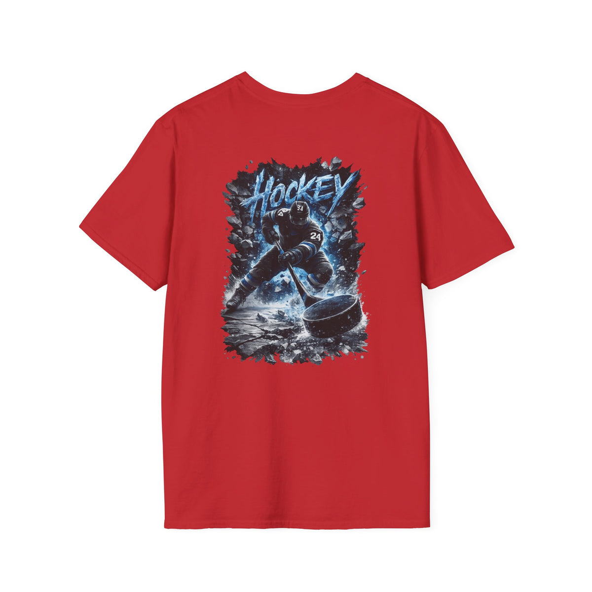Hockey Player Graphic T‑Shirt — Dynamic Blue Ice Skater Design
