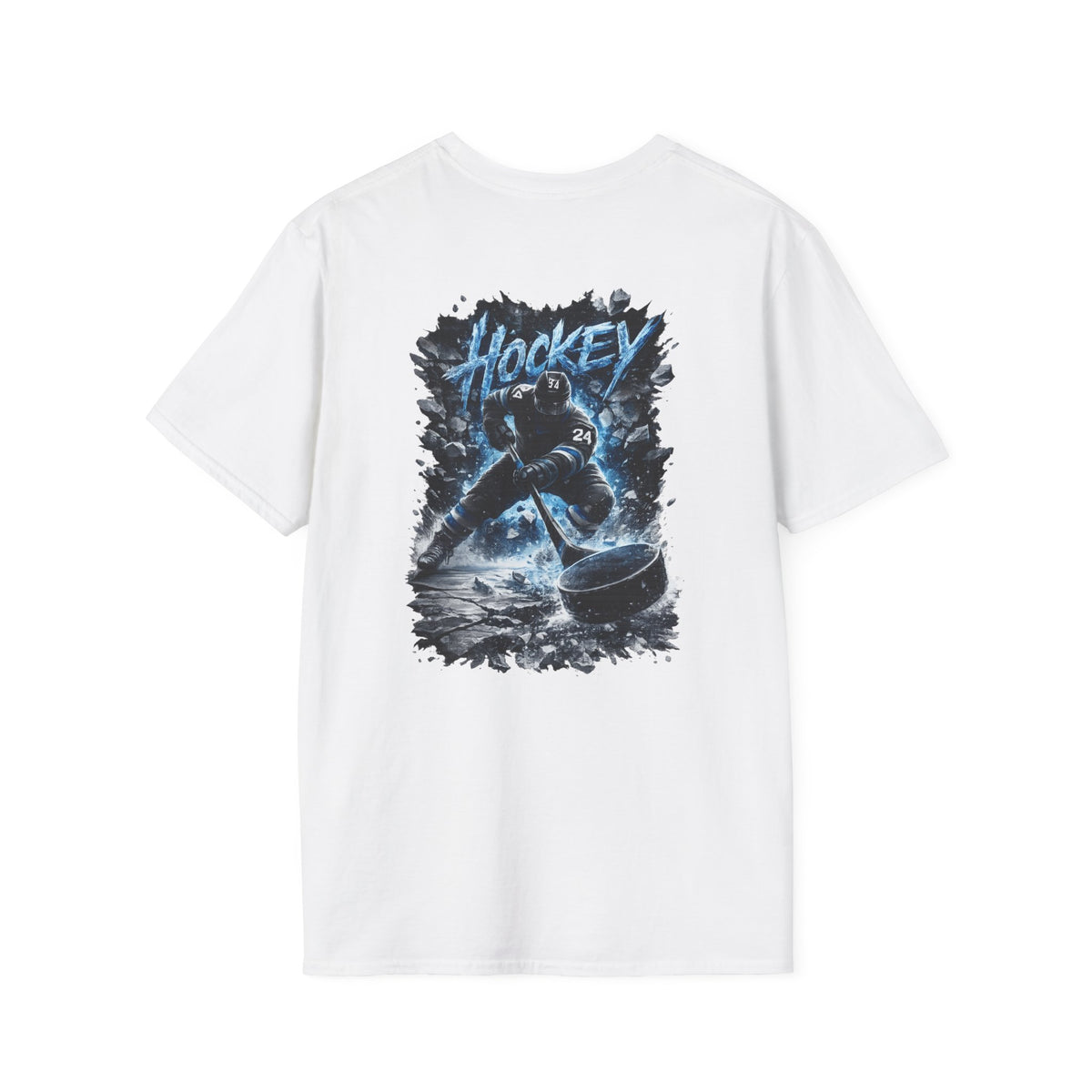 Hockey Player Graphic T‑Shirt — Dynamic Blue Ice Skater Design