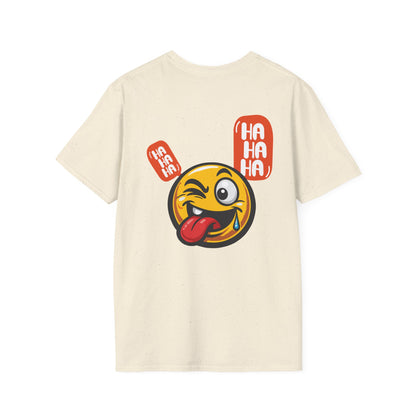 Emoji Tongue-Out T-Shirt — Funny Winking Smiley Tee with "HA HA HA" Speech Bubbles