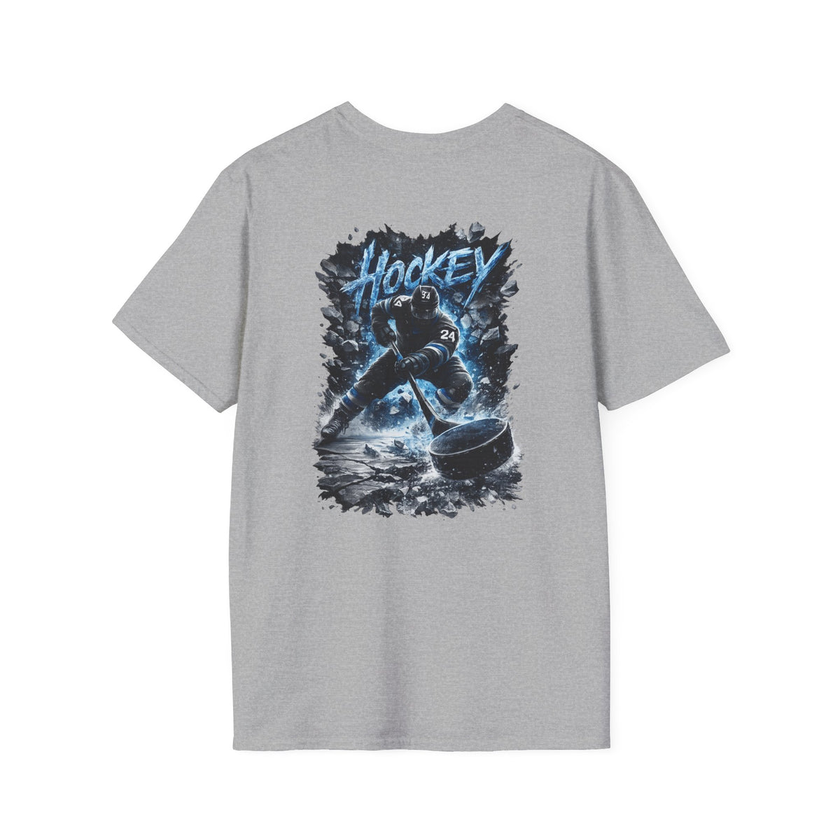 Hockey Player Graphic T‑Shirt — Dynamic Blue Ice Skater Design