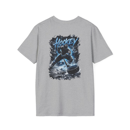 Hockey Player Graphic T‑Shirt — Dynamic Blue Ice Skater Design