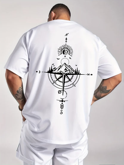 Person wearing a white t-shirt with a black compass design on the back against a gray background